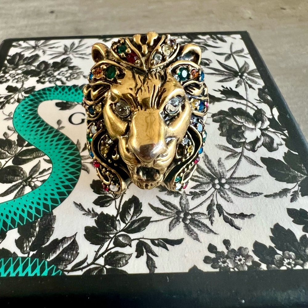 Authentic Gucci Lion Head Bronze, Multi-Color Crystals Ring, US size 7